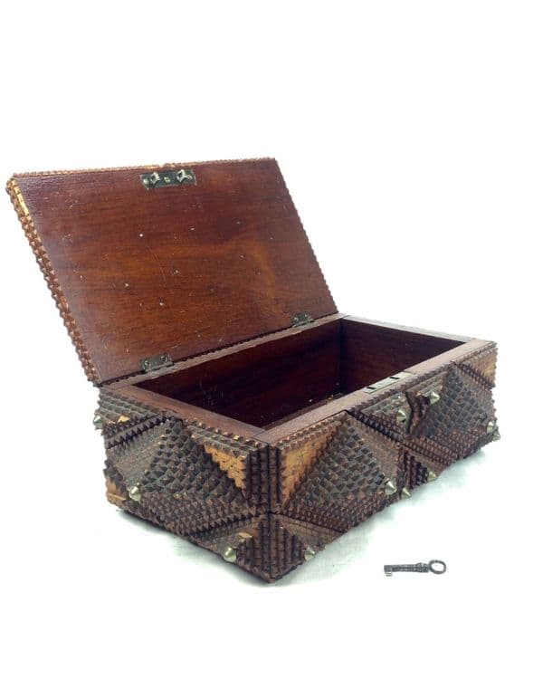 19th Century Wooden Tramp Art Box / Antique Design / Large / Trinket